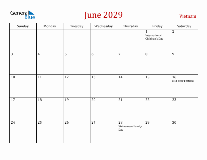Vietnam June 2029 Calendar - Sunday Start
