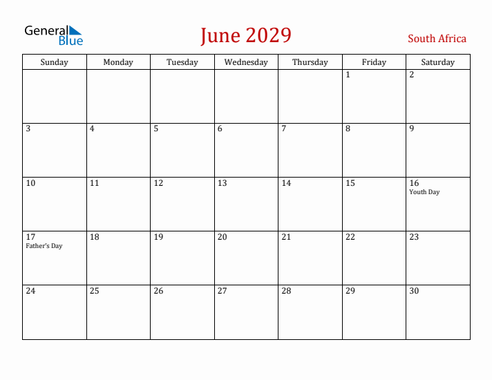 South Africa June 2029 Calendar - Sunday Start