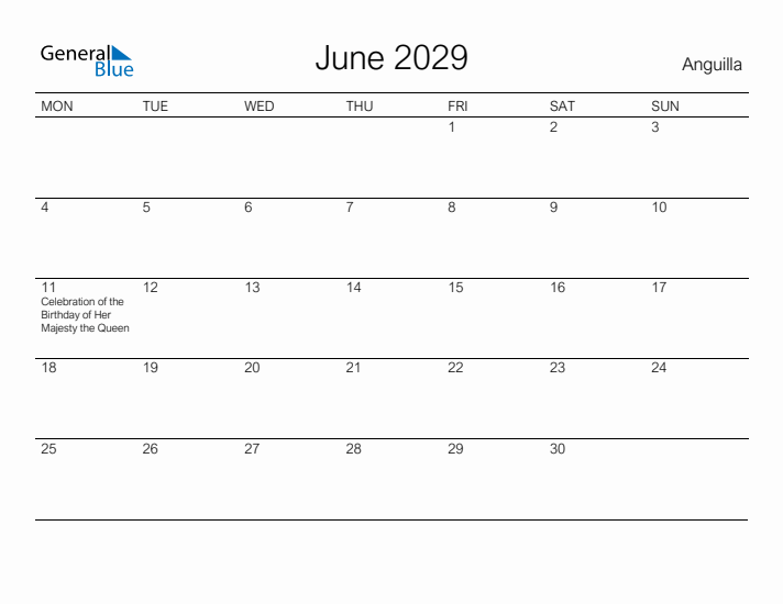 Printable June 2029 Calendar for Anguilla