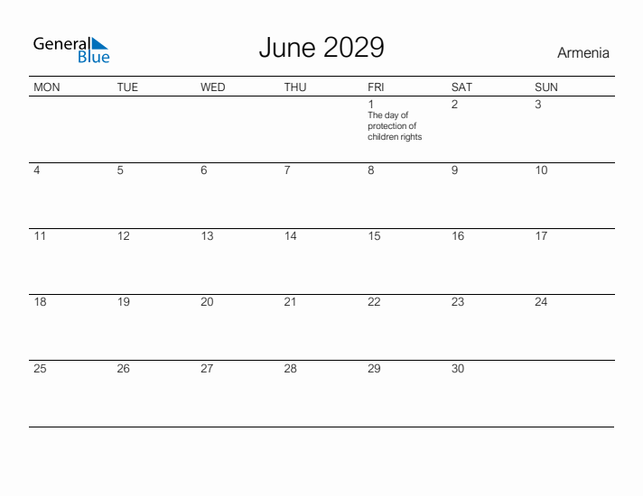 Printable June 2029 Calendar for Armenia