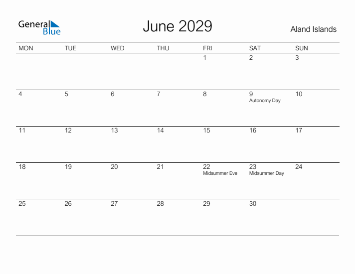 Printable June 2029 Calendar for Aland Islands