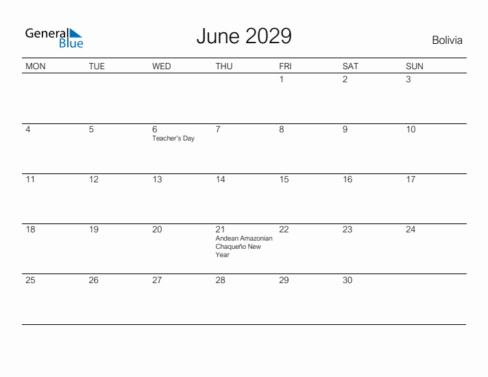 Printable June 2029 Calendar for Bolivia