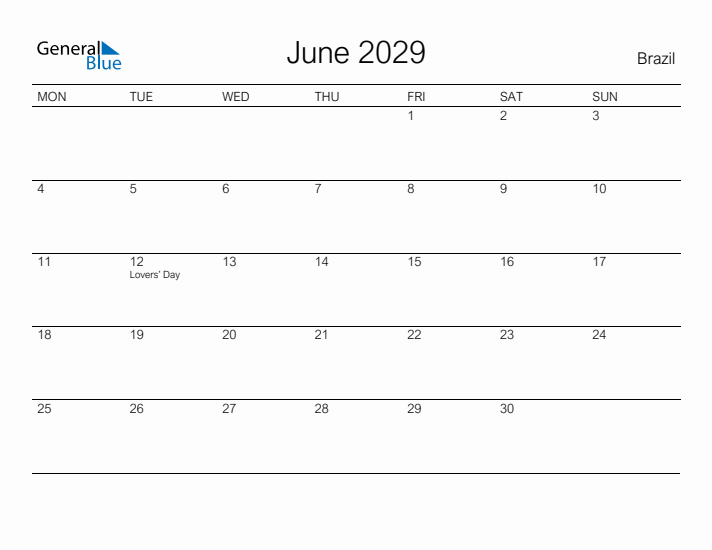 Printable June 2029 Calendar for Brazil