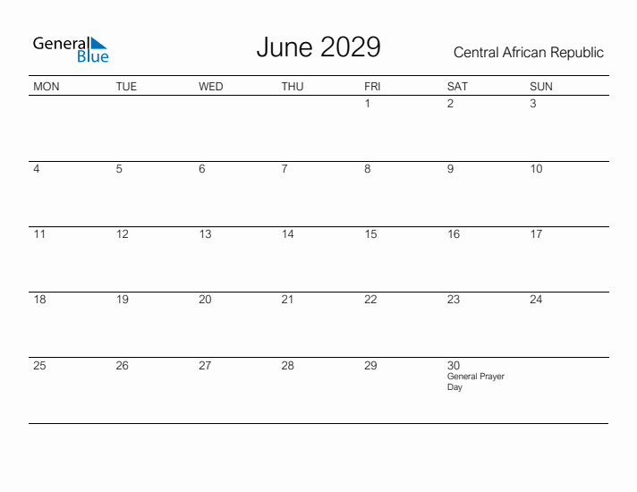 Printable June 2029 Calendar for Central African Republic