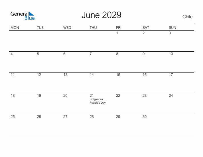 Printable June 2029 Calendar for Chile