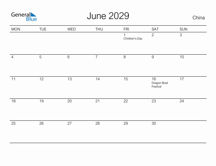 Printable June 2029 Calendar for China