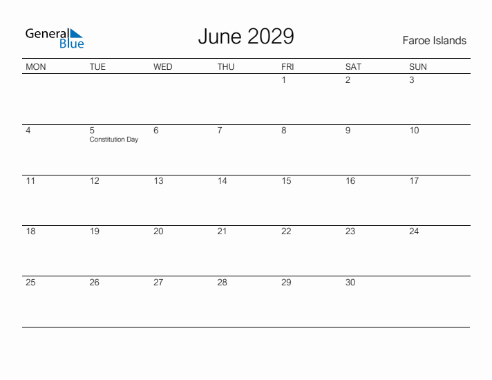 Printable June 2029 Calendar for Faroe Islands
