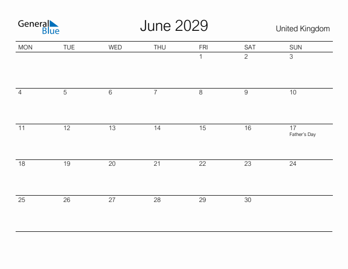 Printable June 2029 Calendar for United Kingdom