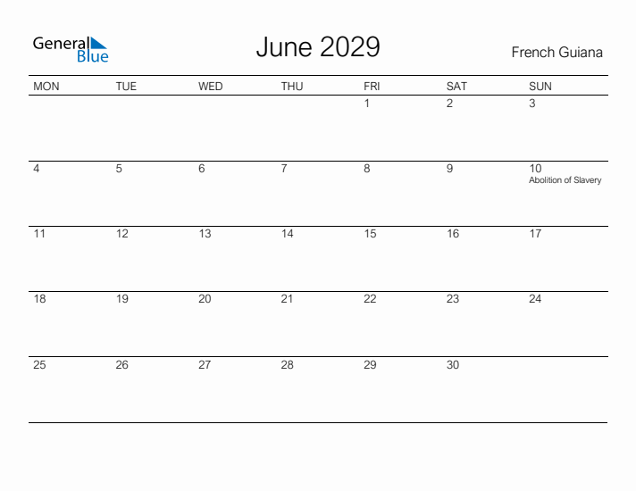 Printable June 2029 Calendar for French Guiana