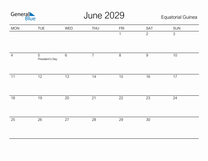 Printable June 2029 Calendar for Equatorial Guinea