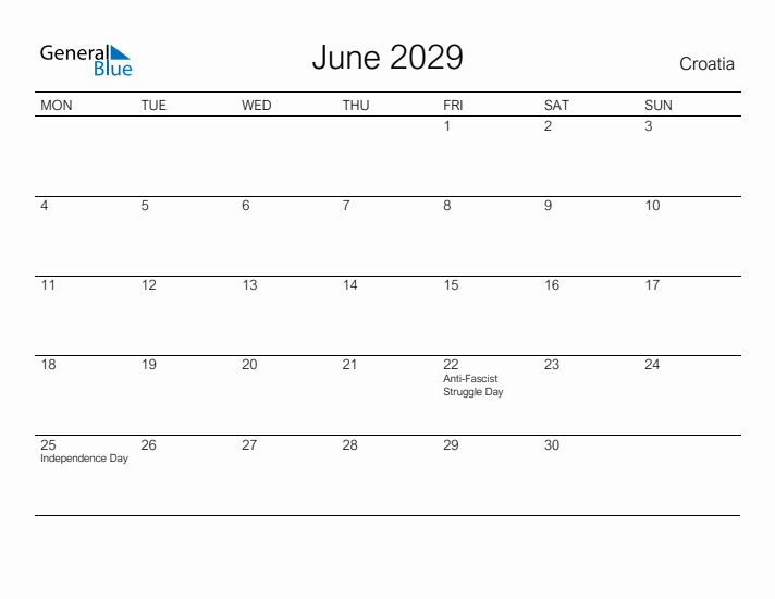 Printable June 2029 Calendar for Croatia