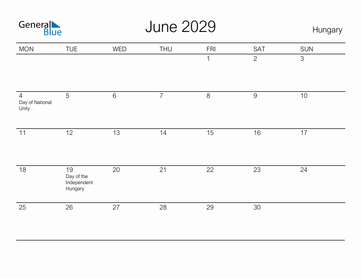 Printable June 2029 Calendar for Hungary