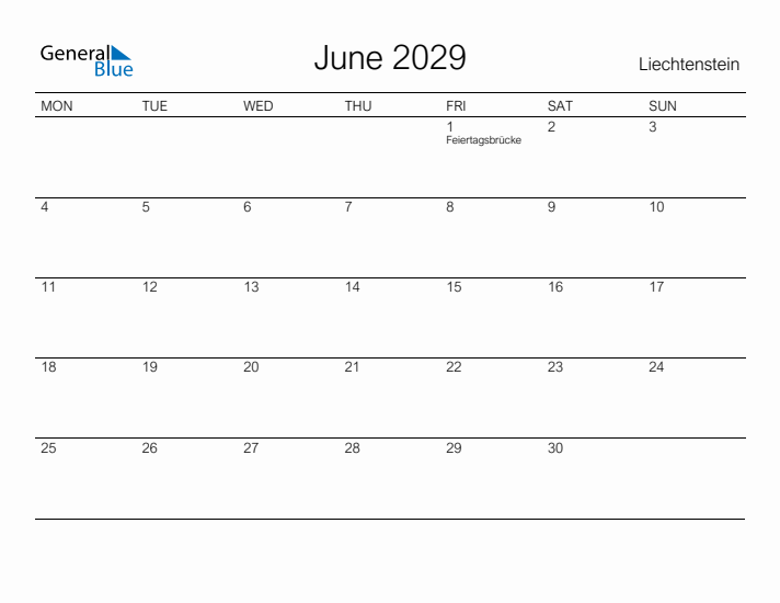 Printable June 2029 Calendar for Liechtenstein