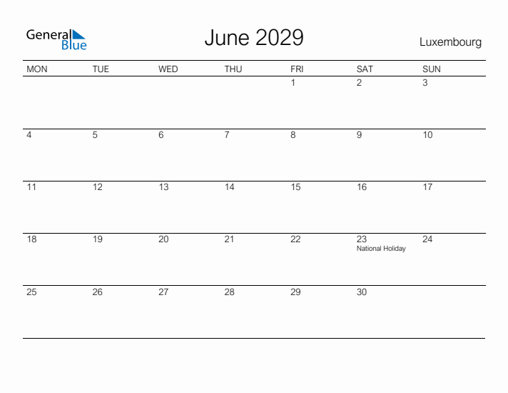 Printable June 2029 Calendar for Luxembourg