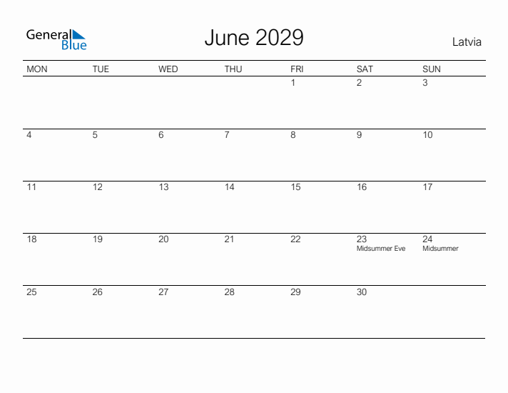 Printable June 2029 Calendar for Latvia
