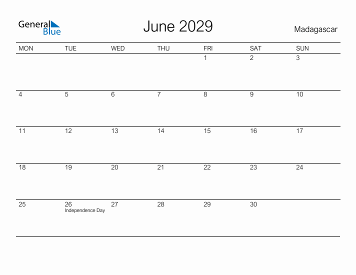 Printable June 2029 Calendar for Madagascar