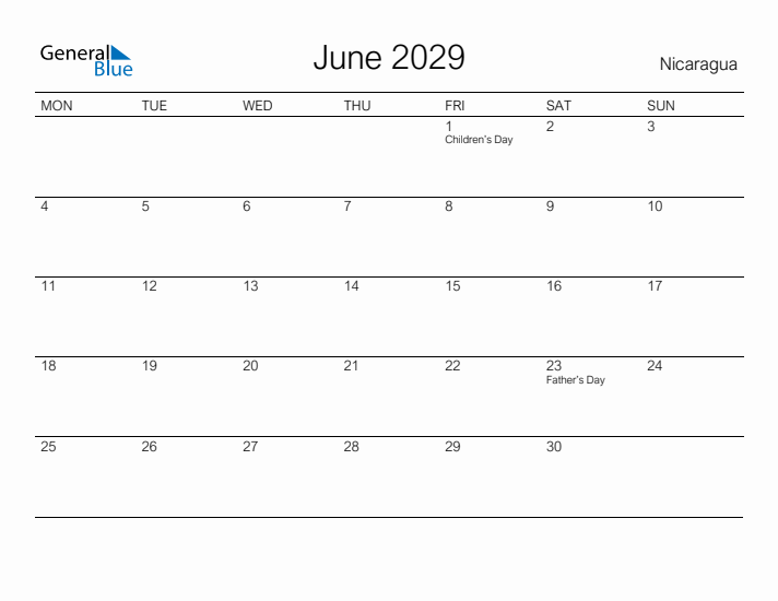 Printable June 2029 Calendar for Nicaragua