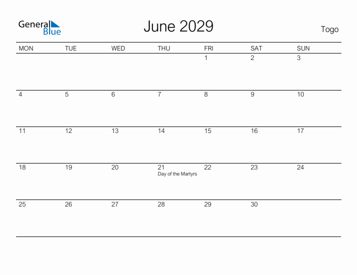Printable June 2029 Calendar for Togo