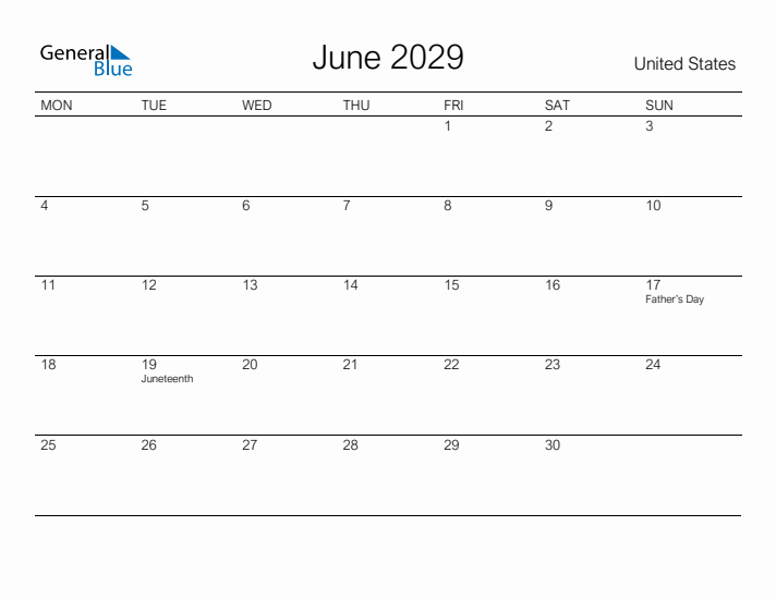 Printable June 2029 Calendar for United States