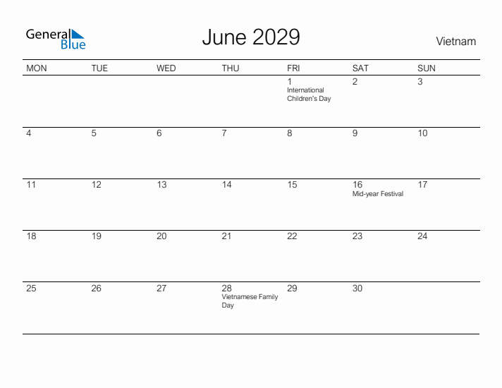 Printable June 2029 Calendar for Vietnam