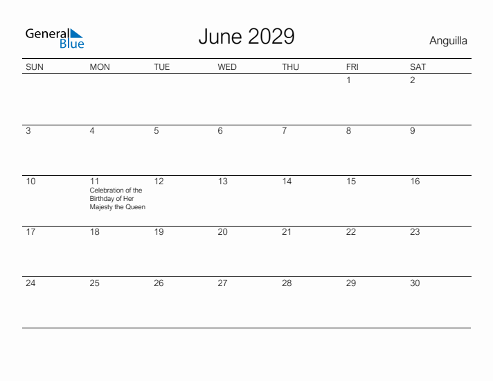 Printable June 2029 Calendar for Anguilla