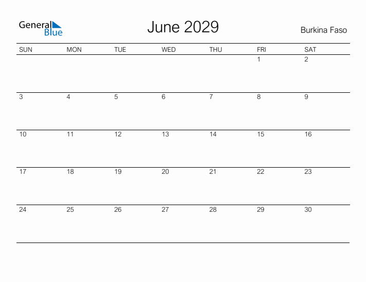 Printable June 2029 Calendar for Burkina Faso