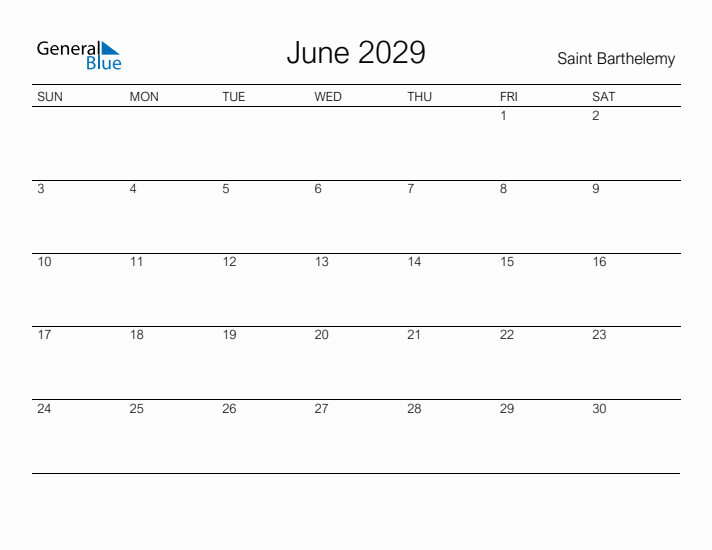 Printable June 2029 Calendar for Saint Barthelemy