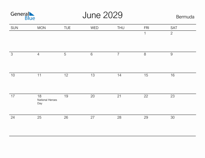 Printable June 2029 Calendar for Bermuda