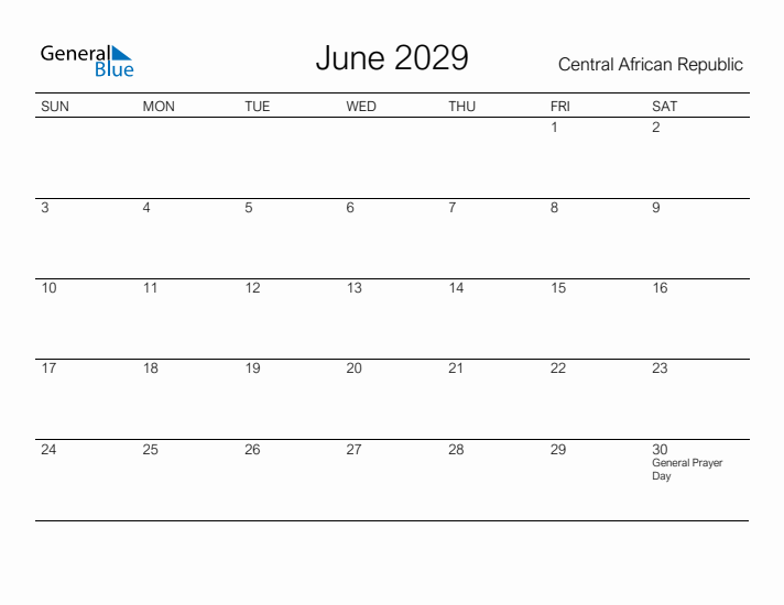 Printable June 2029 Calendar for Central African Republic