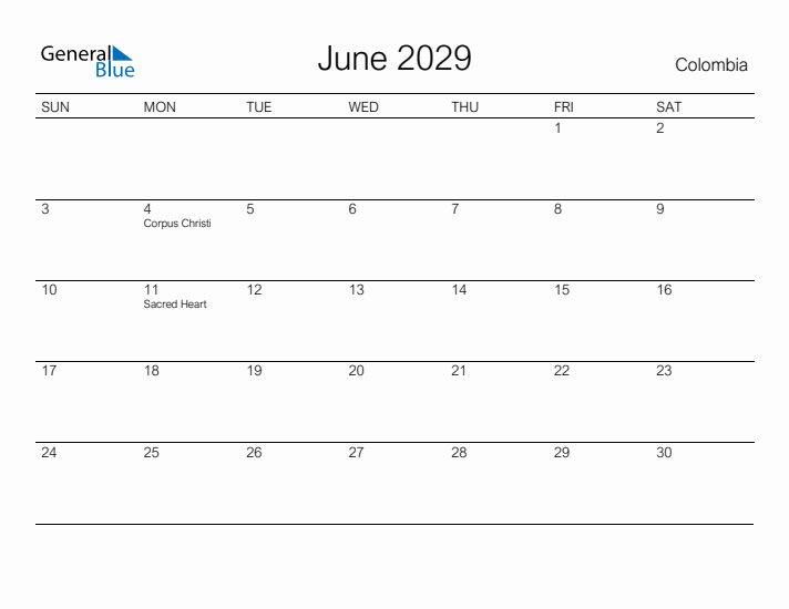 Printable June 2029 Calendar for Colombia