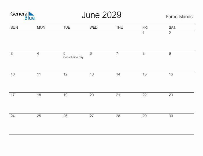 Printable June 2029 Calendar for Faroe Islands