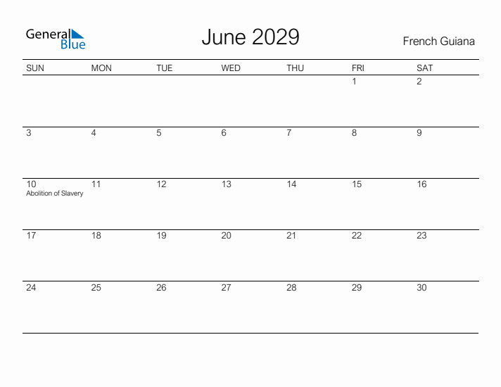 Printable June 2029 Calendar for French Guiana