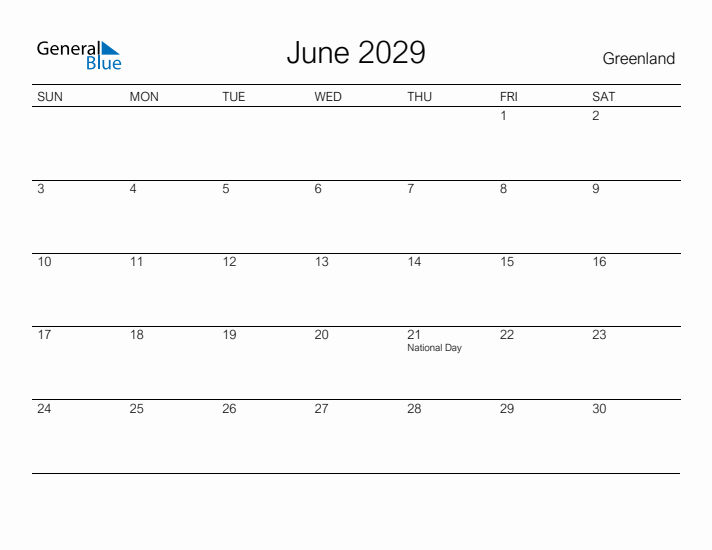 Printable June 2029 Calendar for Greenland