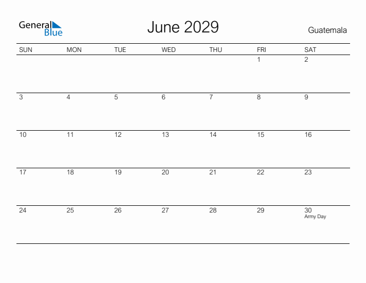 Printable June 2029 Calendar for Guatemala
