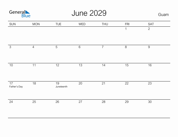 Printable June 2029 Calendar for Guam