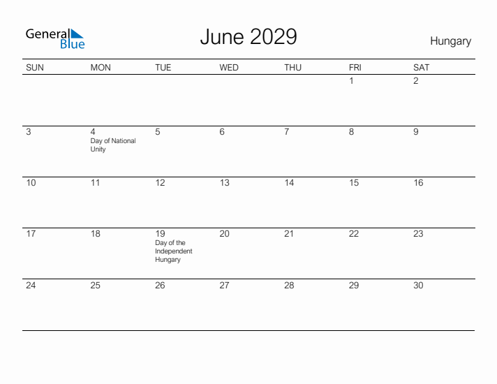 Printable June 2029 Calendar for Hungary