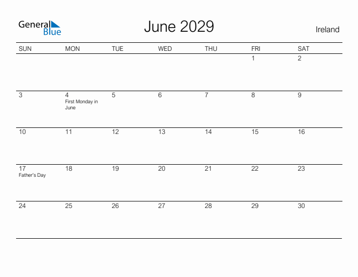 Printable June 2029 Calendar for Ireland