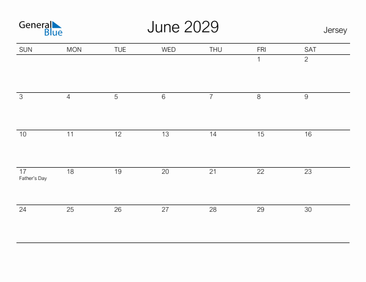 Printable June 2029 Calendar for Jersey