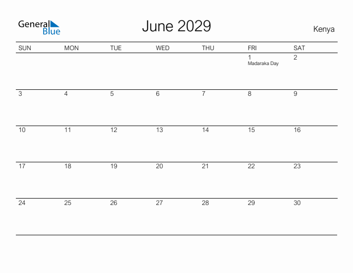 Printable June 2029 Calendar for Kenya