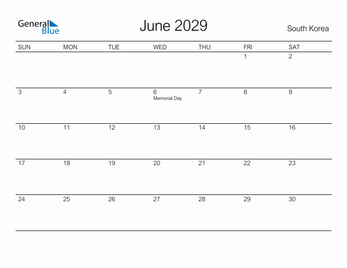 Printable June 2029 Calendar for South Korea