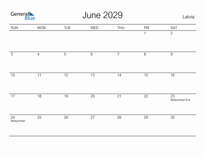 Printable June 2029 Calendar for Latvia