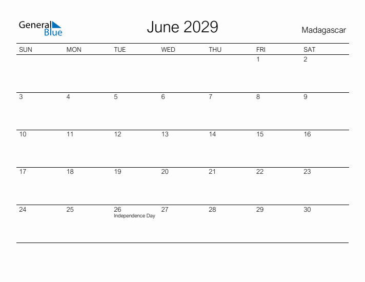 Printable June 2029 Calendar for Madagascar