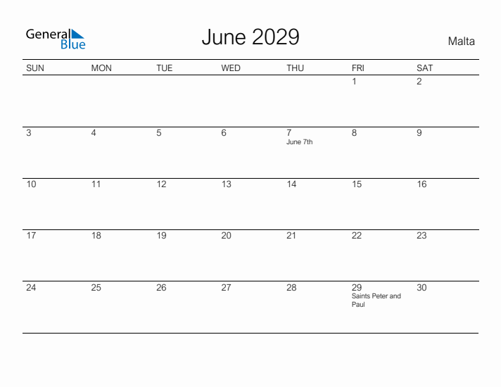 Printable June 2029 Calendar for Malta