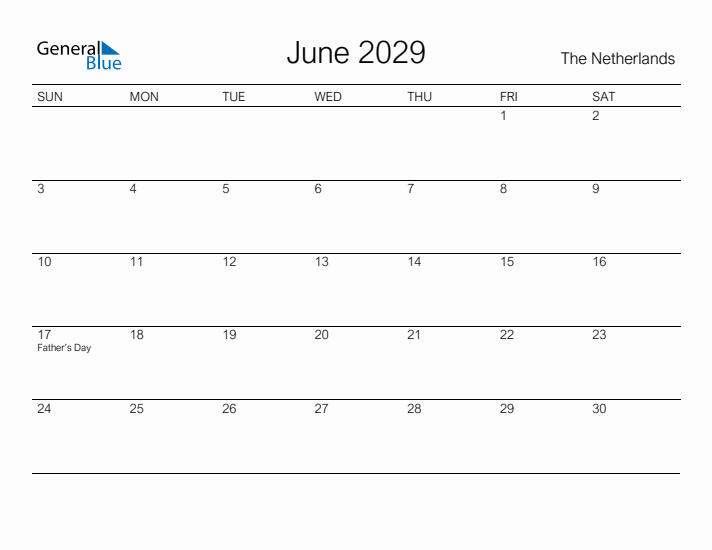 Printable June 2029 Calendar for The Netherlands