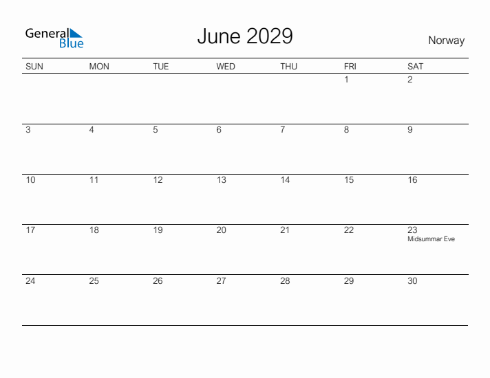 Printable June 2029 Calendar for Norway
