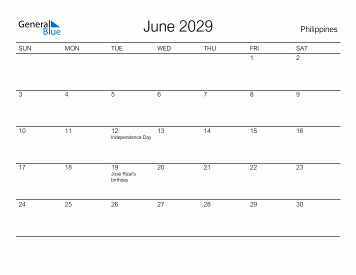 Printable June 2029 Calendar for Philippines