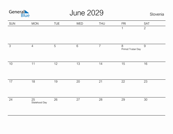 Printable June 2029 Calendar for Slovenia