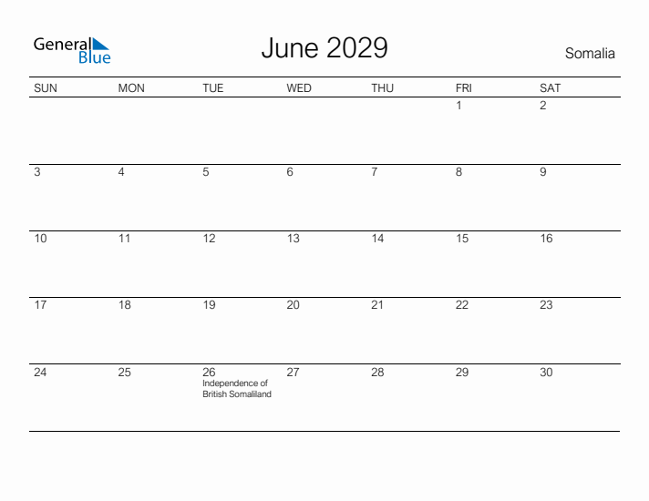Printable June 2029 Calendar for Somalia