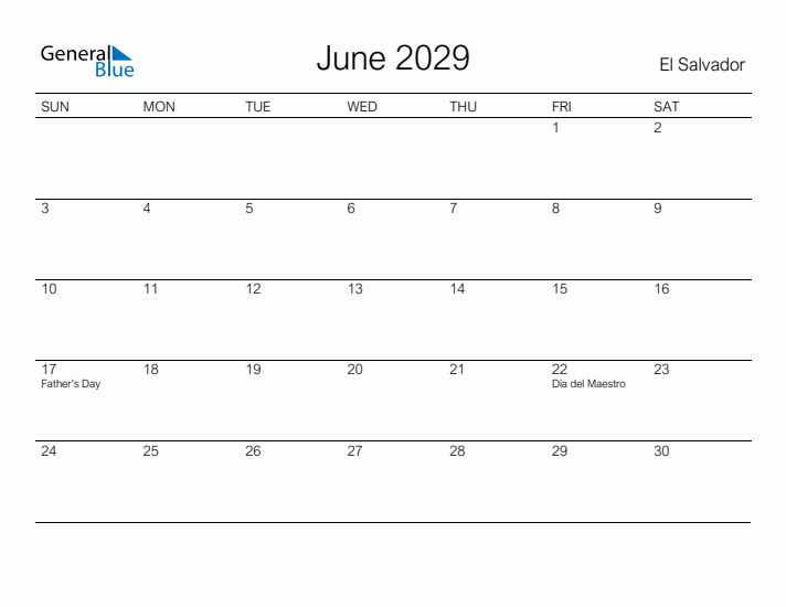 Printable June 2029 Calendar for El Salvador