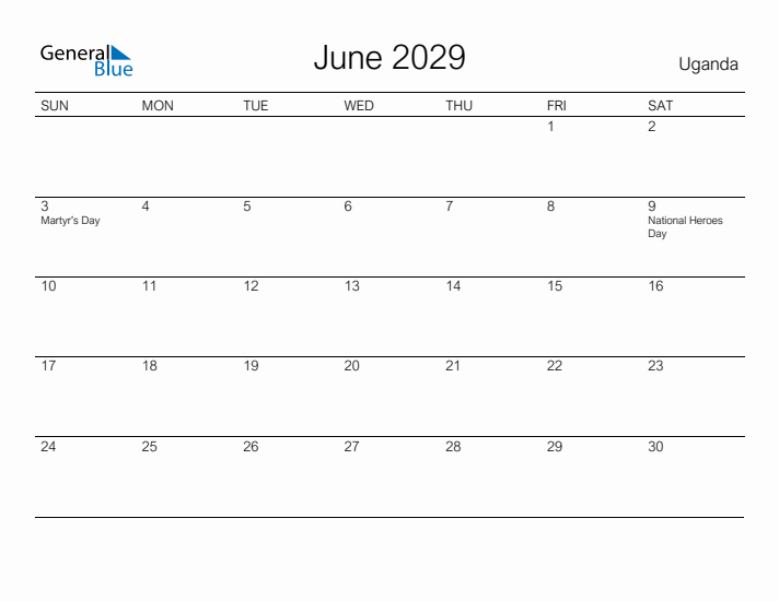 Printable June 2029 Calendar for Uganda